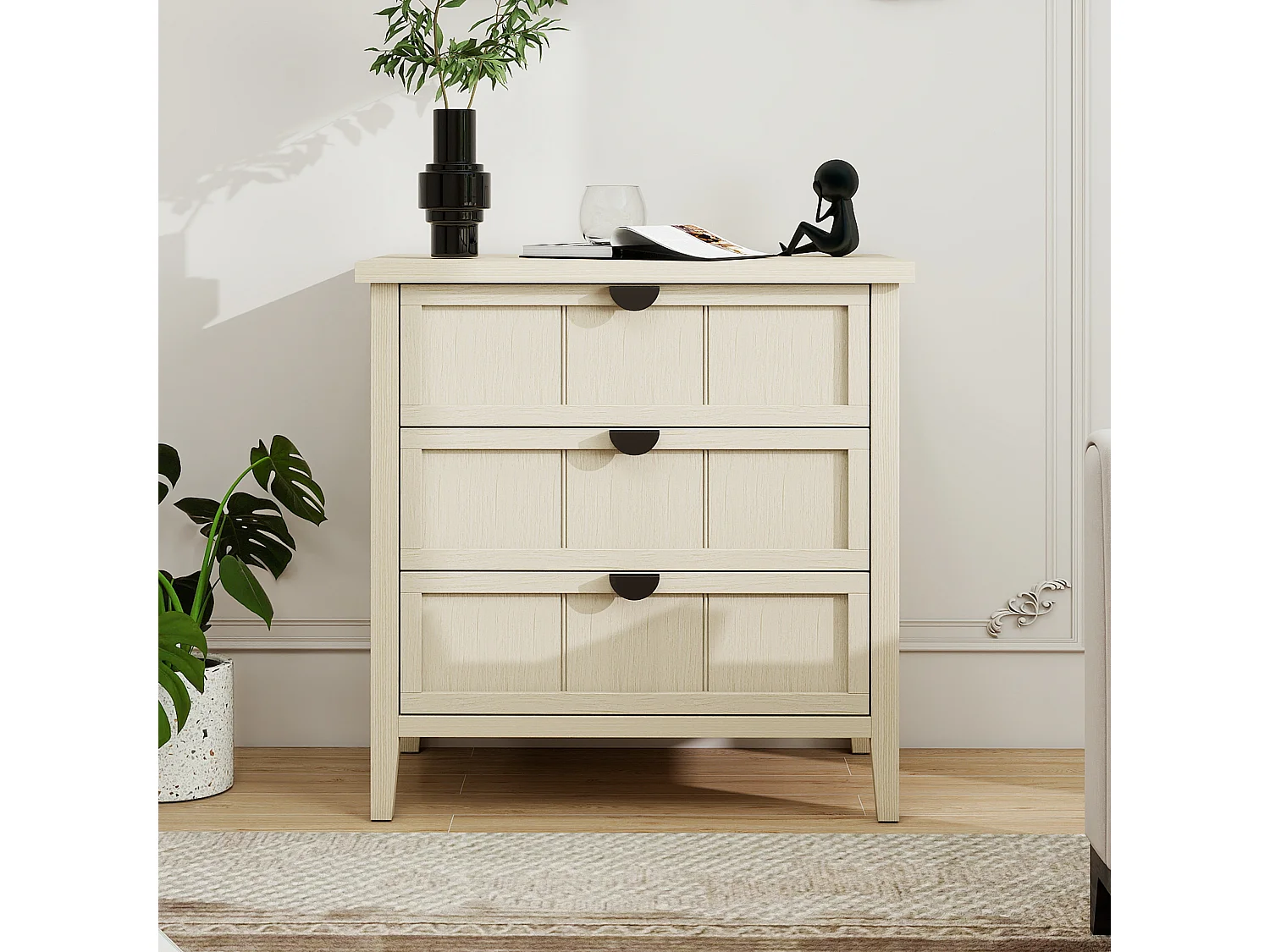 Tavolino laterale a 3 cassetti (80 × 40 × 80 cm), effetto legno naturale con tre cassetti incisi, ideale per soggiorni, camere da letto e altri spazi di lavoro