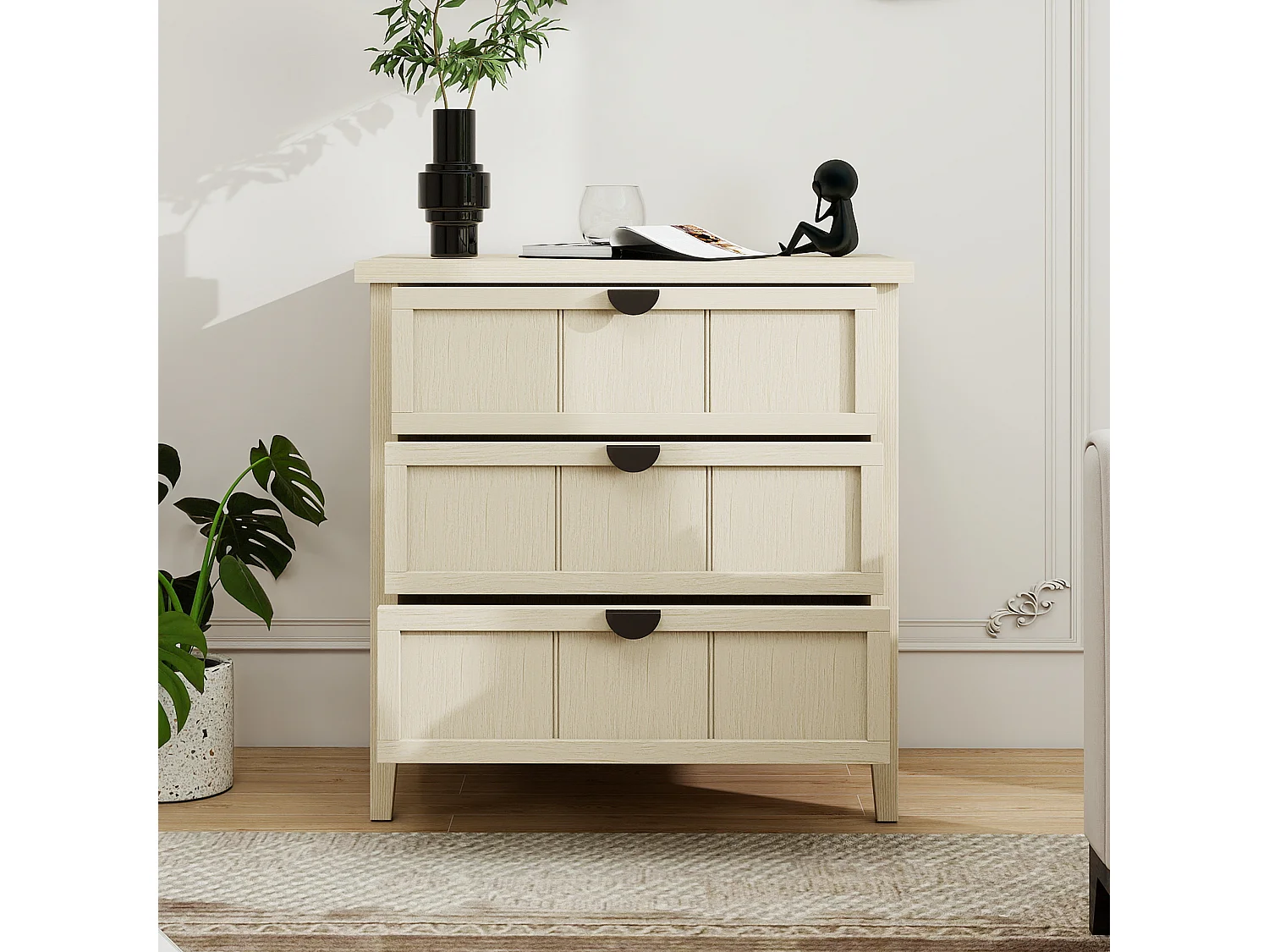 Meuble d'appoint 3 tiroirs (80 × 40 × 80 cm), aspect bois naturel avec trois tiroirs gravés, Idéal pour les salons, chambres et autres espaces de travail