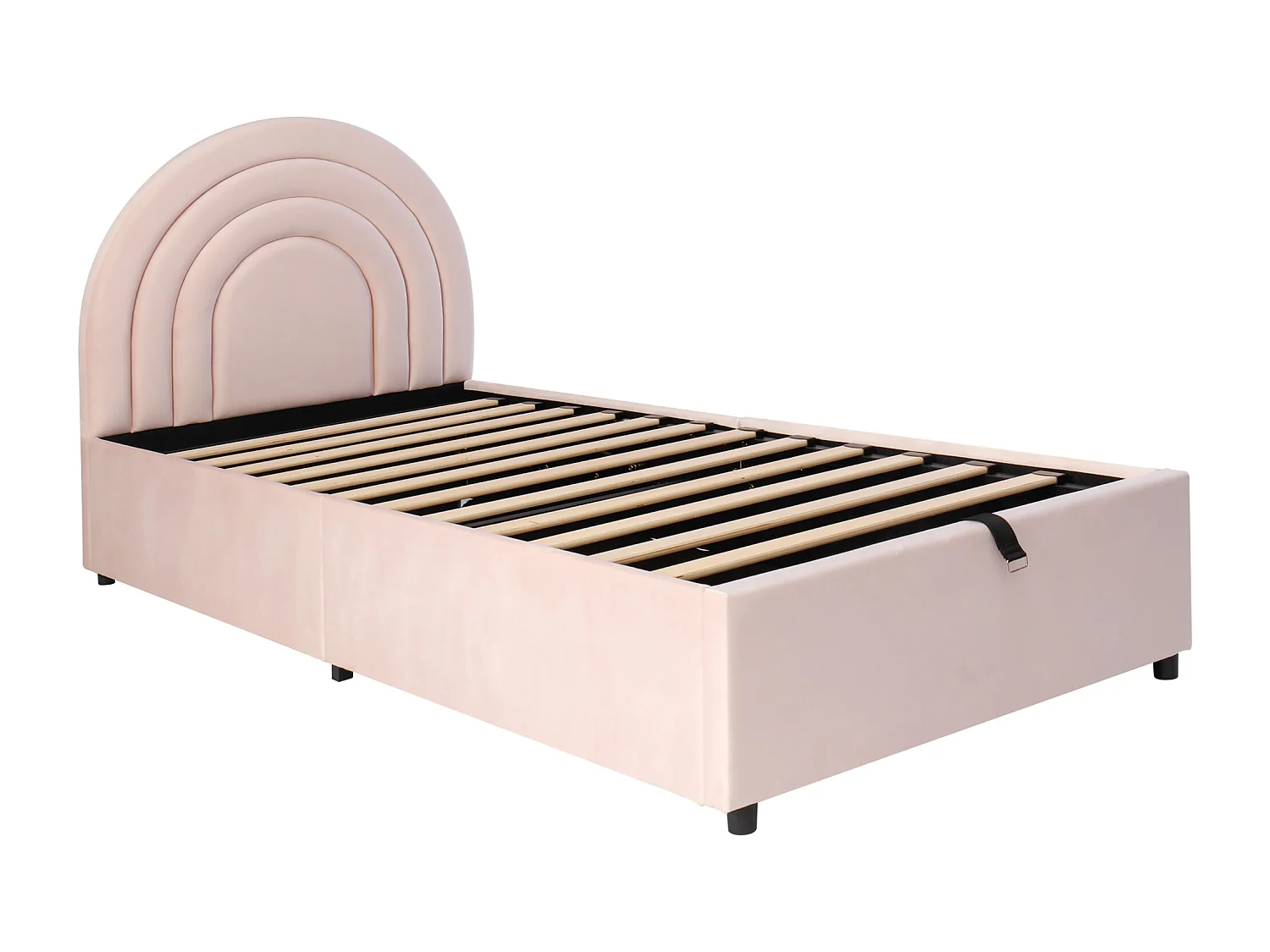 Cama de criança com arrumação 90x200cm em veludo rosa com cabeceira e estrado de ripas (sem colchão)