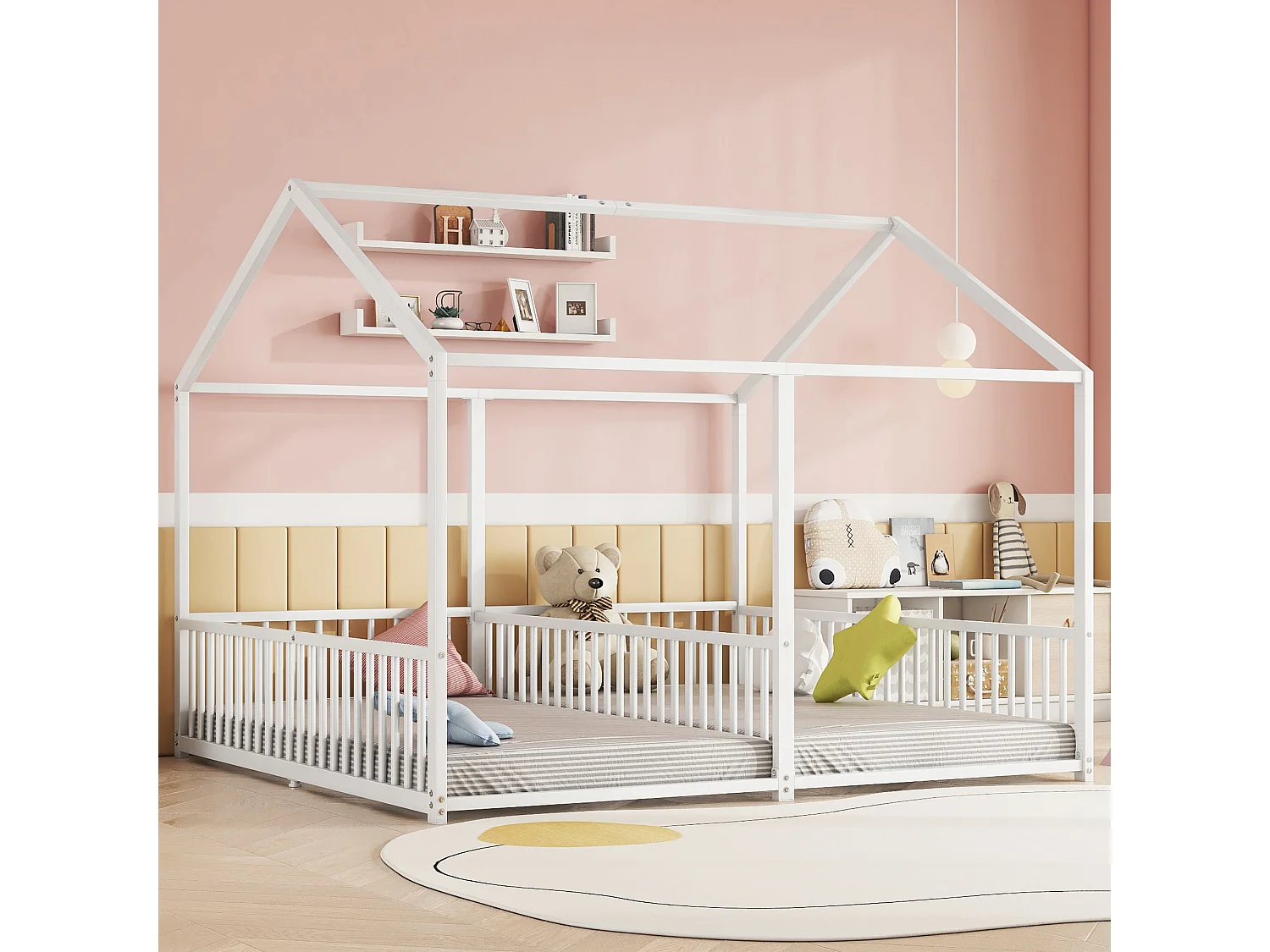 Lit cabane simple 90 x 200cm, garde-corps, conception de lit double blanc, en métal blanc, sans matelas