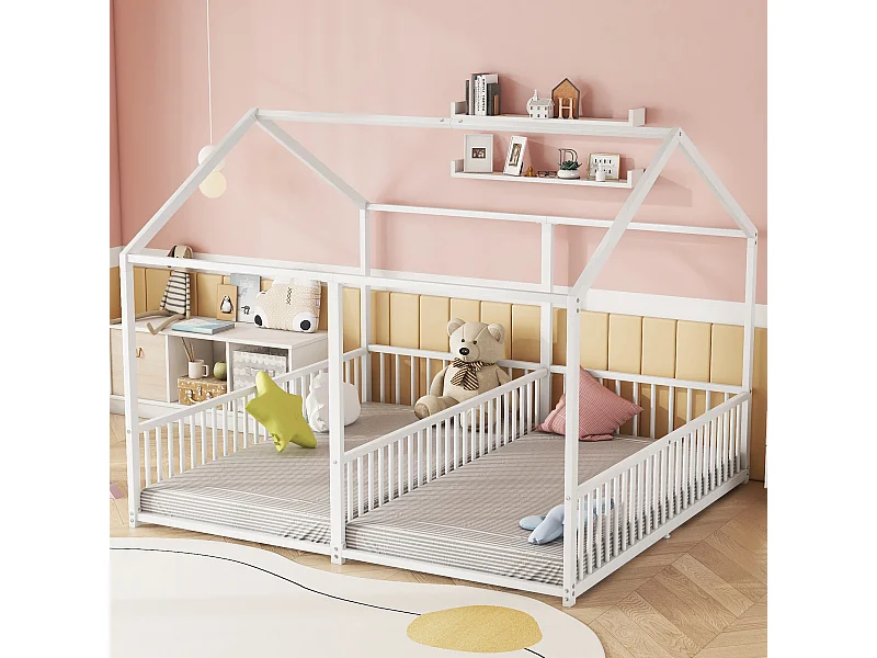 Lit cabane simple 90 x 200cm, garde-corps, conception de lit double blanc, en métal blanc, sans matelas