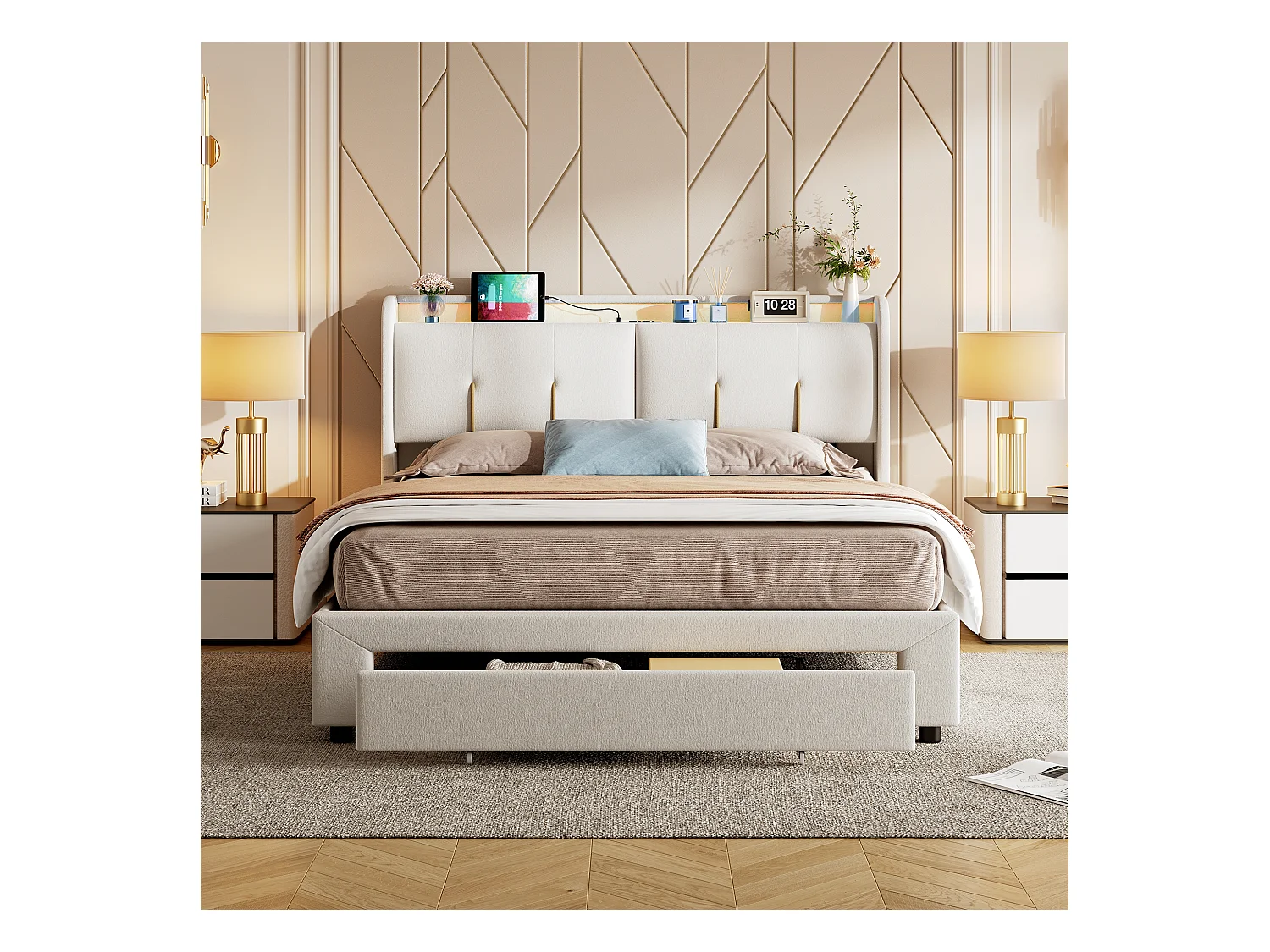 Cama de casal 140x200 cm com caixa de arrumação hidráulica, cabeceira em veludo bege com LED ajustável, portas USB e tomadas EU integradas