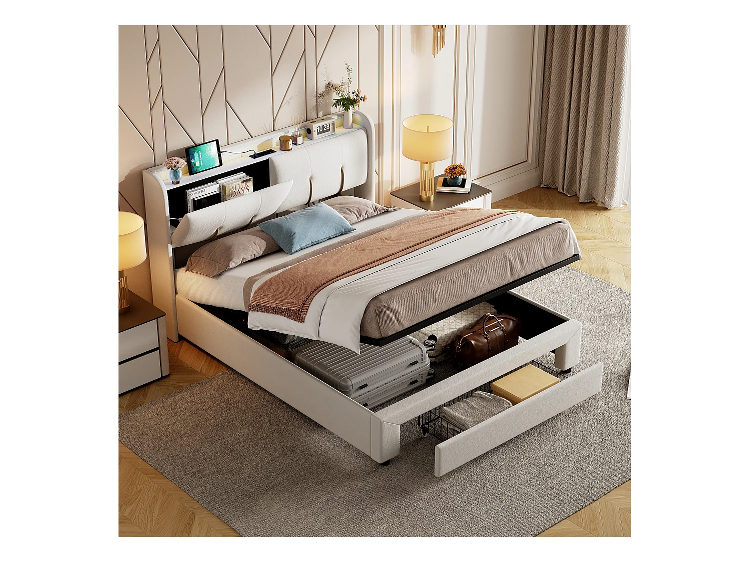 Cama de casal 140x200 cm com caixa de arrumação hidráulica, cabeceira em veludo bege com LED ajustável, portas USB e tomadas EU integradas