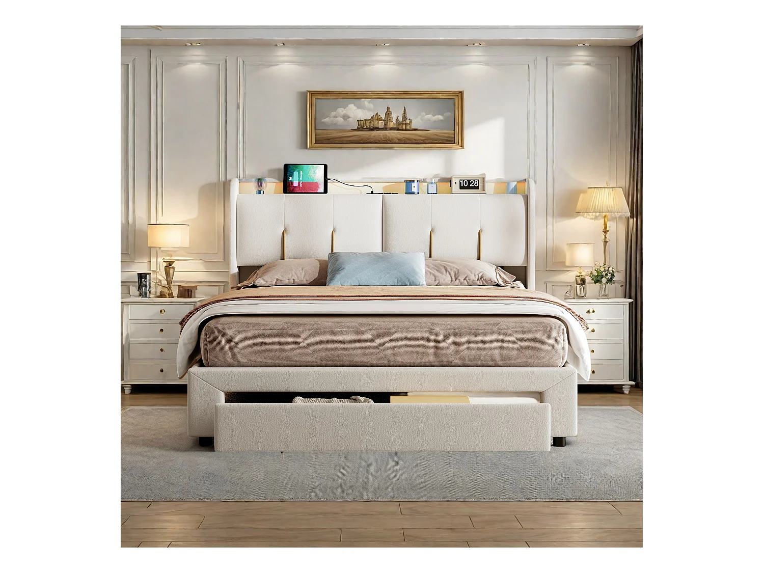 Tweepersoonsbed 140x200 cm met hydraulisch opbergvak, beige fluwelen hoofdbord, verstelbare LED-verlichting, USB-poorten en EU-stopcontacten