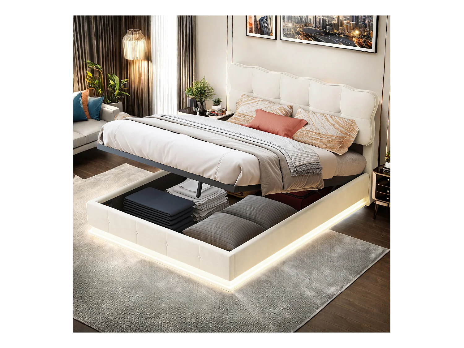 Letto matrimoniale 140x200cm in velluto beige con contenitore, illuminazione LED multicolore sotto il letto, telecomando incluso
