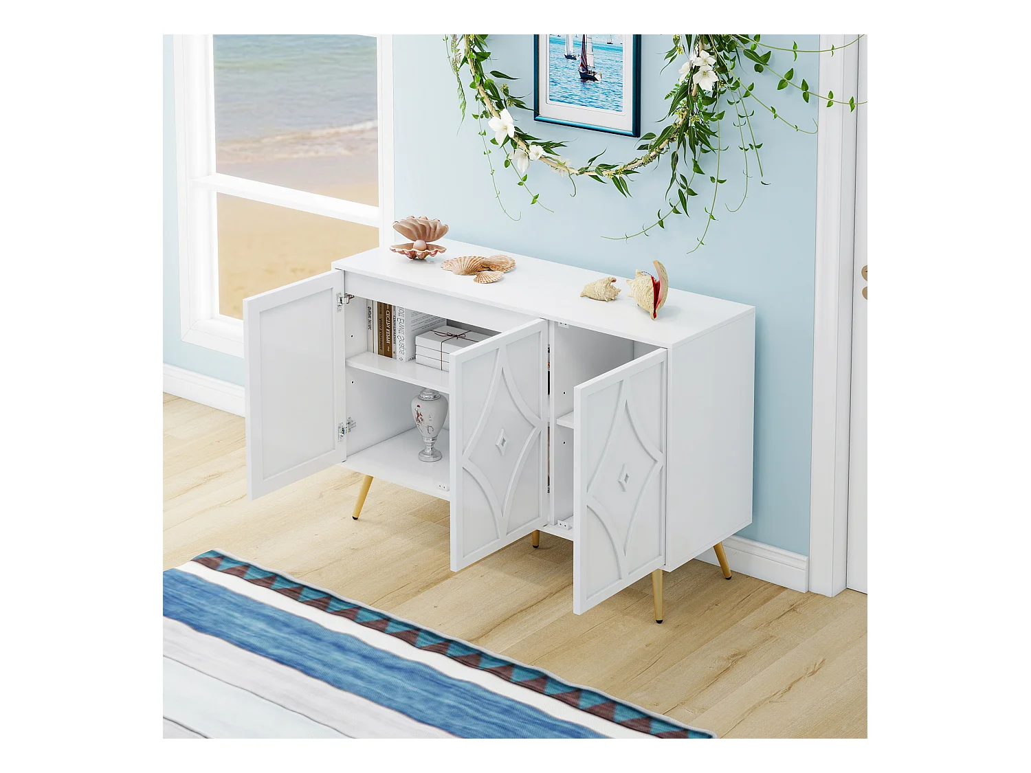 Credenza a 3 ante, bianca con motivo intagliato 3D, gambe in metallo dorato, mobile contenitore moderno per soggiorno, corridoio o camera da letto, 120×40×80 cm