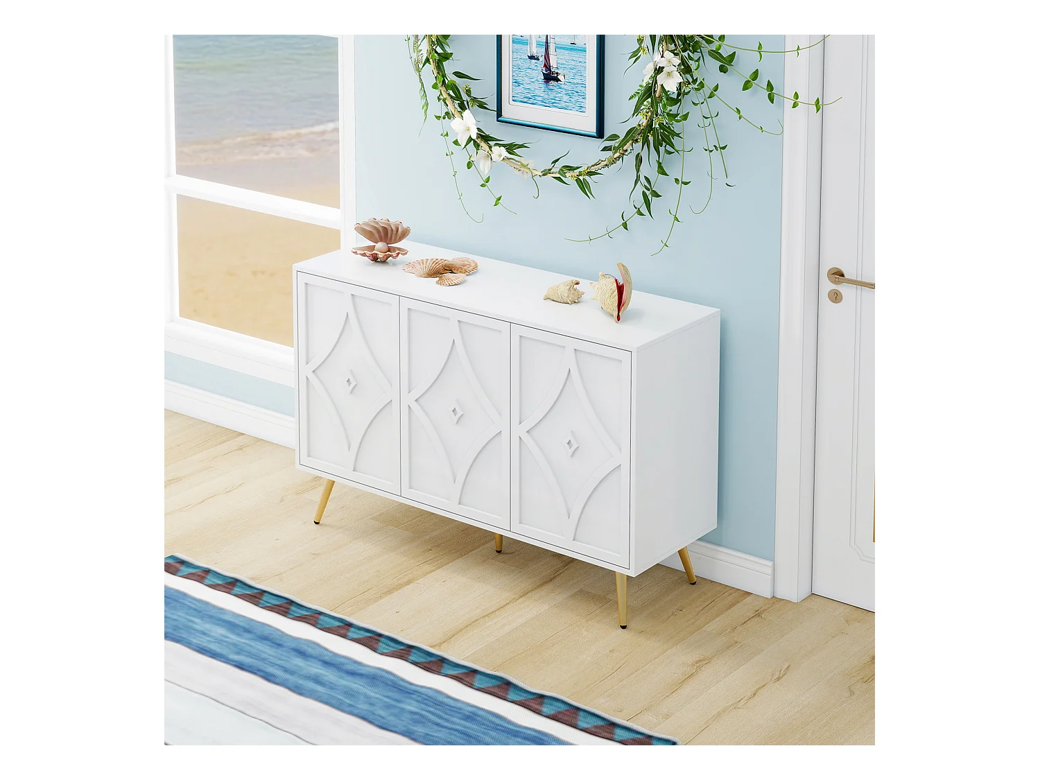 Credenza a 3 ante, bianca con motivo intagliato 3D, gambe in metallo dorato, mobile contenitore moderno per soggiorno, corridoio o camera da letto, 120×40×80 cm