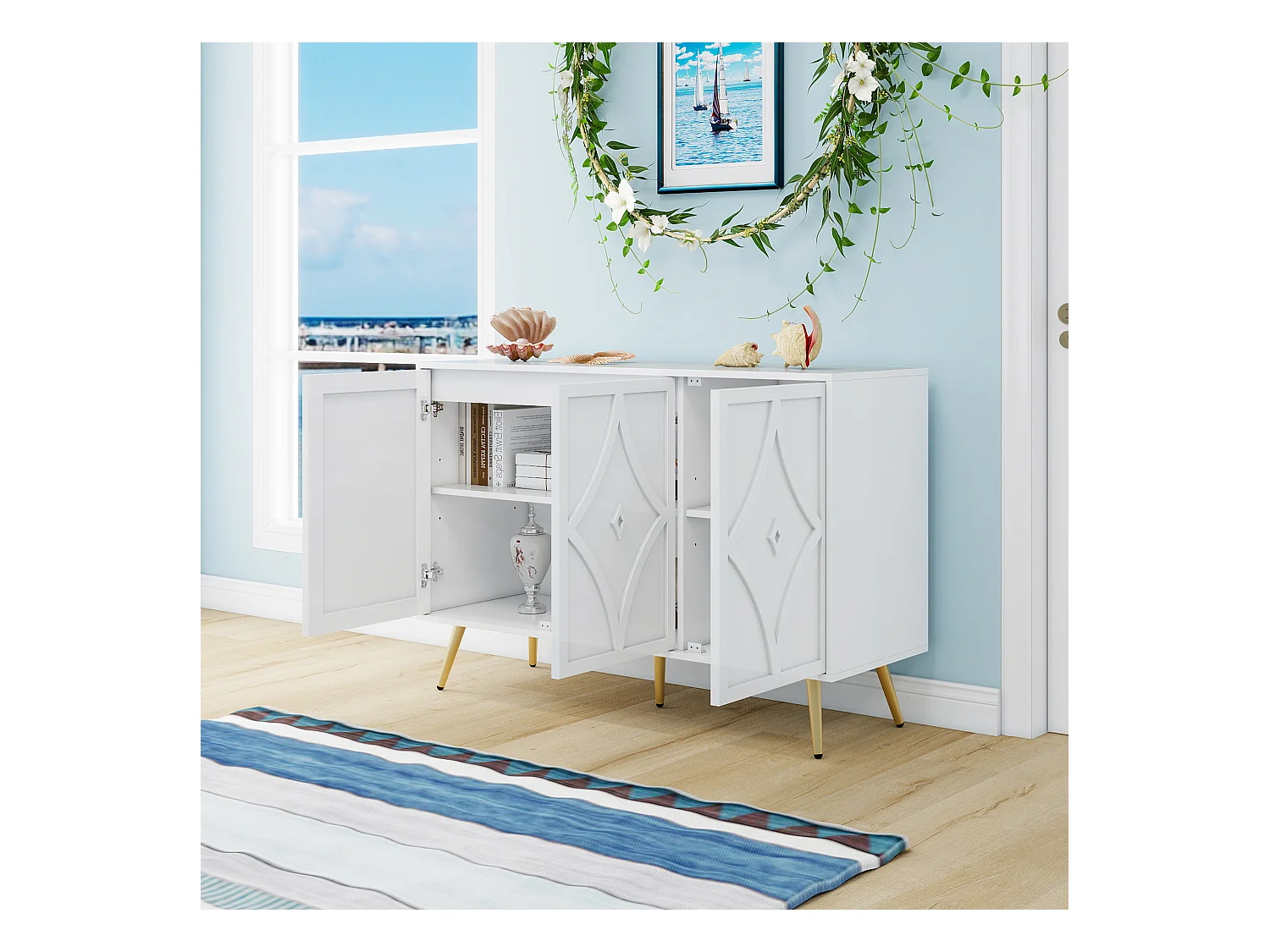 Credenza a 3 ante, bianca con motivo intagliato 3D, gambe in metallo dorato, mobile contenitore moderno per soggiorno, corridoio o camera da letto, 120×40×80 cm