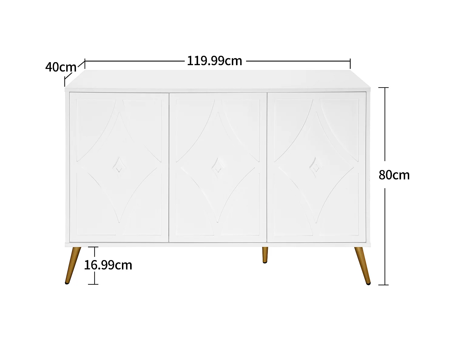 Credenza a 3 ante, bianca con motivo intagliato 3D, gambe in metallo dorato, mobile contenitore moderno per soggiorno, corridoio o camera da letto, 120×40×80 cm