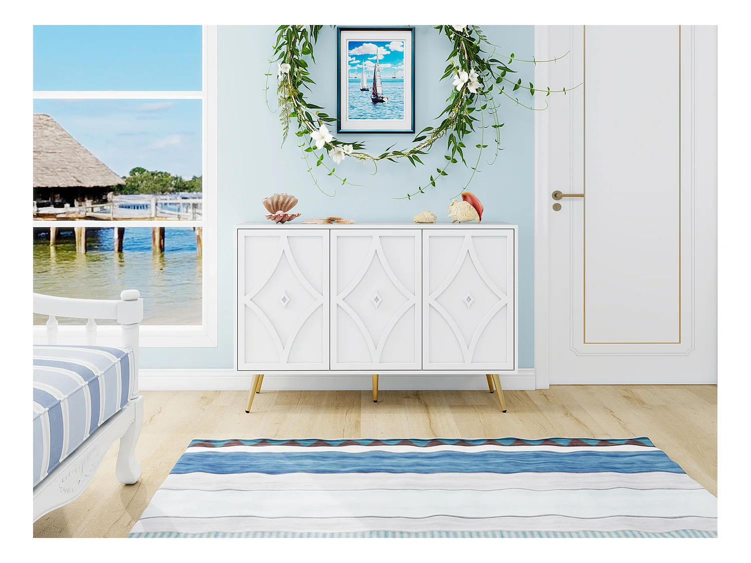 Aparador de 3 puertas, blanco con diseño tallado en 3D y patas de metal dorado, moderno mueble de almacenaje para salón, recibidor o dormitorio, 120 × 40 × 80 cm.