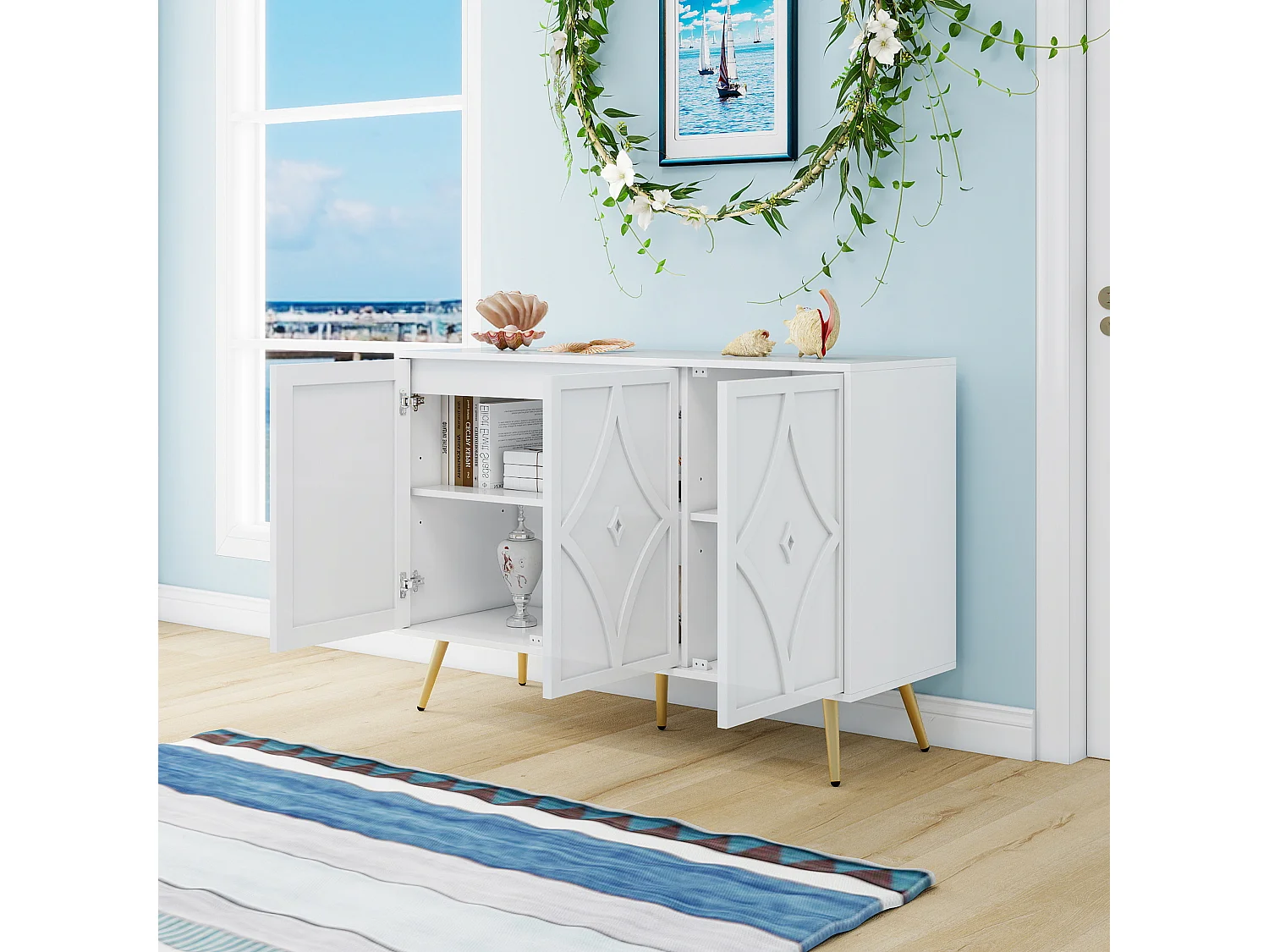 Aparador de 3 puertas, blanco con patrón tallado en 3D, patas de metal dorado, moderno mueble de almacenaje para salón, recibidor o dormitorio, 120×40×80 cm