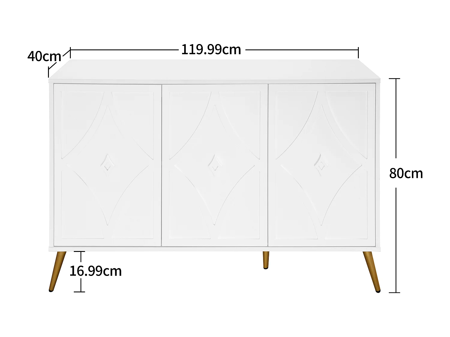Aparador de 3 puertas, blanco con patrón tallado en 3D, patas de metal dorado, moderno mueble de almacenaje para salón, recibidor o dormitorio, 120×40×80 cm