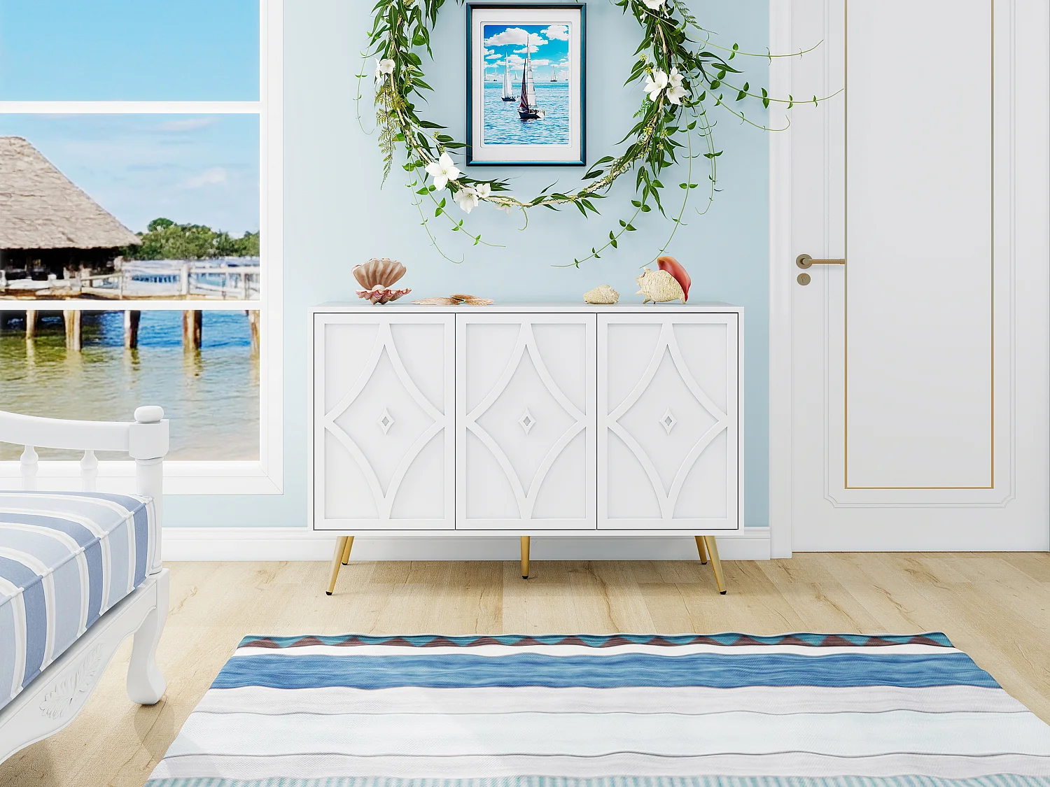Aparador de 3 puertas, blanco con patrón tallado en 3D, patas de metal dorado, moderno mueble de almacenaje para salón, recibidor o dormitorio, 120×40×80 cm