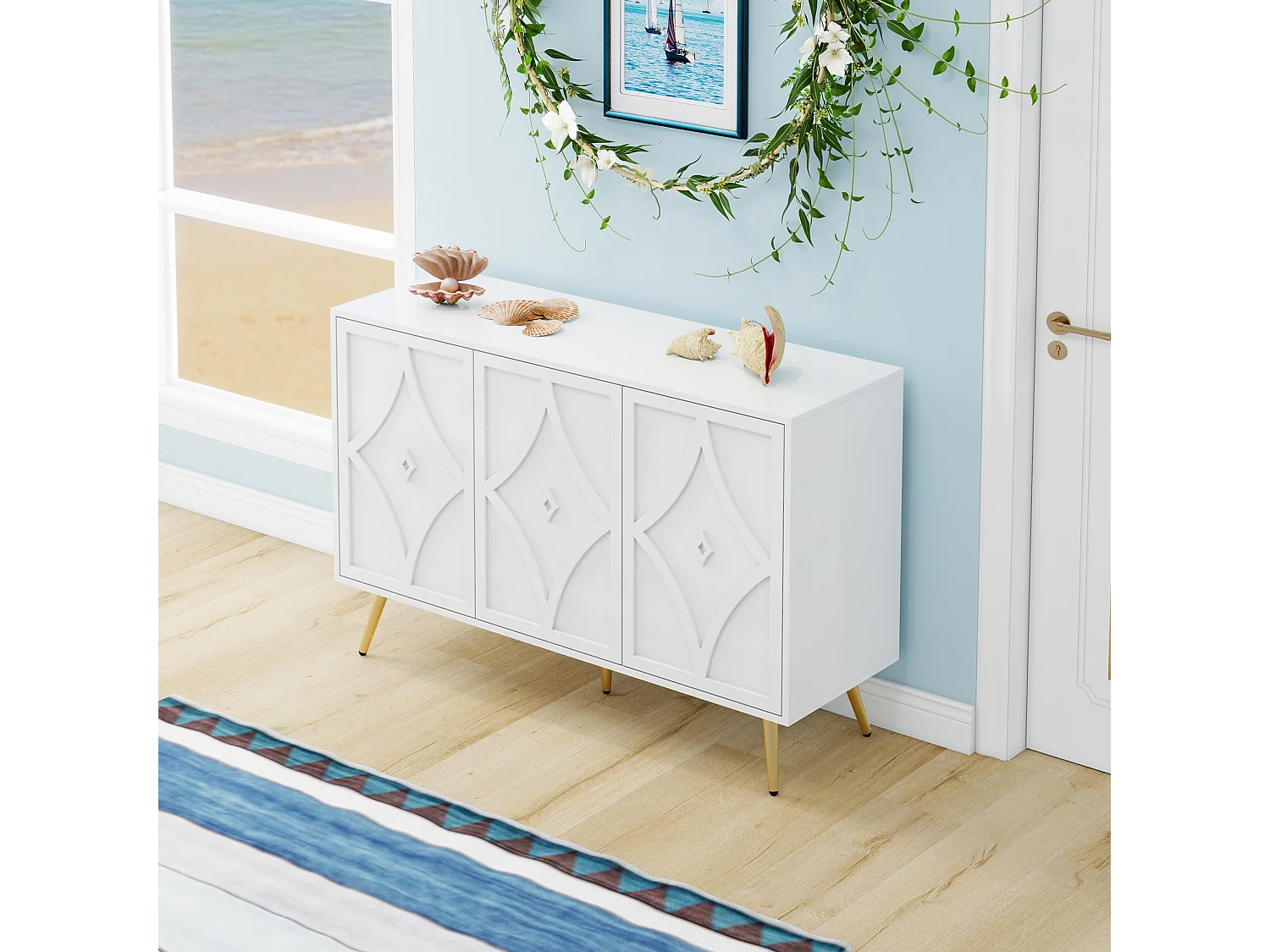 Aparador de 3 puertas, blanco con patrón tallado en 3D, patas de metal dorado, moderno mueble de almacenaje para salón, recibidor o dormitorio, 120×40×80 cm