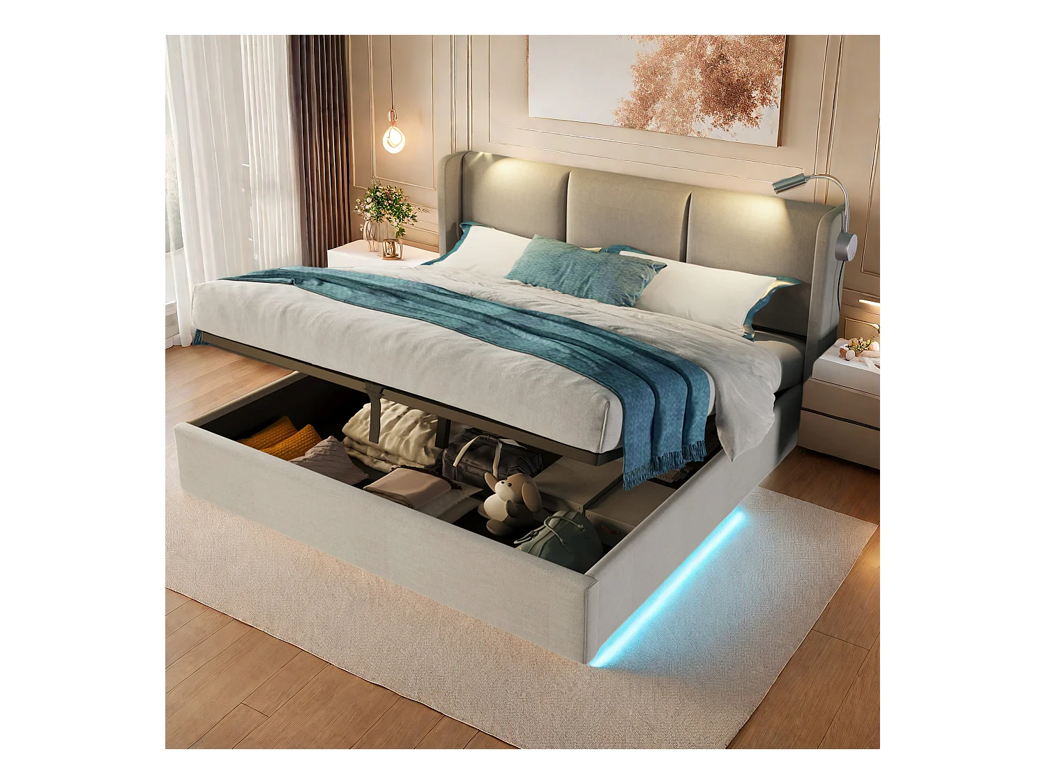Gestoffeerd bed van 160x200 cm in beige PU met hoofdbord, lattenbodem, hydraulisch opbergvak en leeslampjes met oplaadaansluitingen (zonder matras)