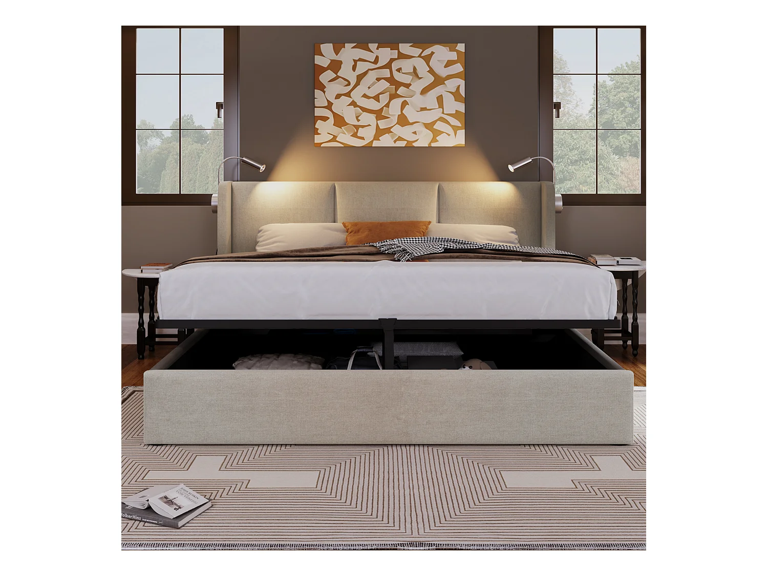 Lit rembourré 160x200 cm en PU beige avec tête de lit, sommier à lattes, rangement hydraulique et lampes de lecture avec ports de charge (sans matelas)
