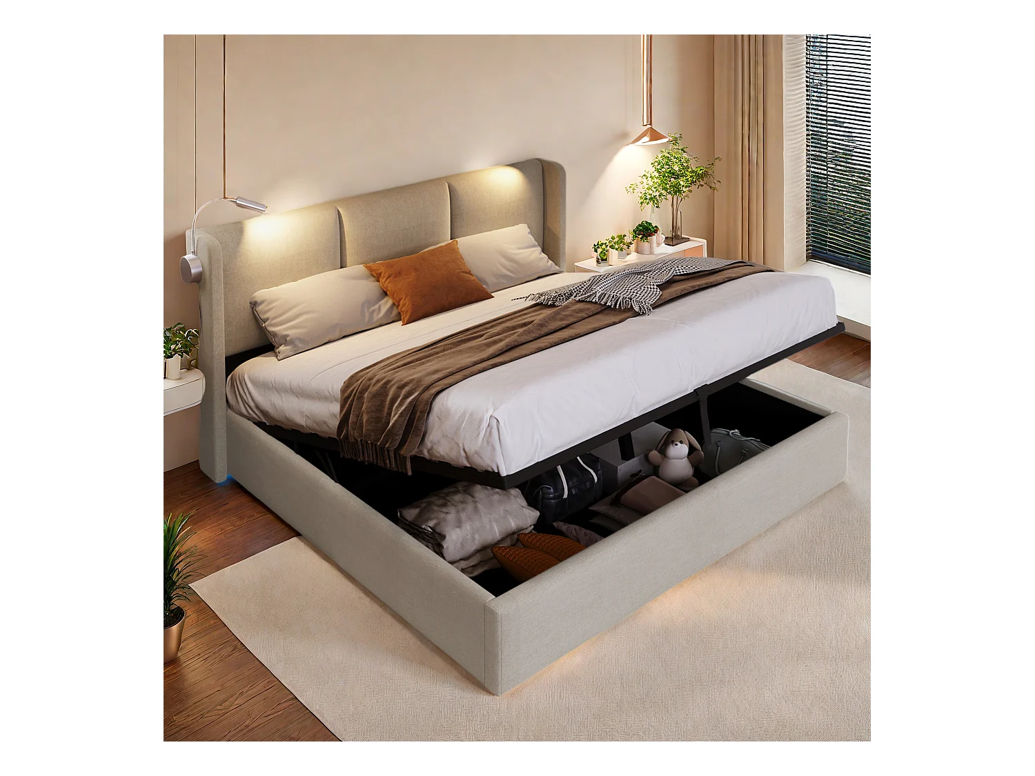 Lit rembourré 160x200 cm en PU beige avec tête de lit, sommier à lattes, rangement hydraulique et lampes de lecture avec ports de charge (sans matelas)
