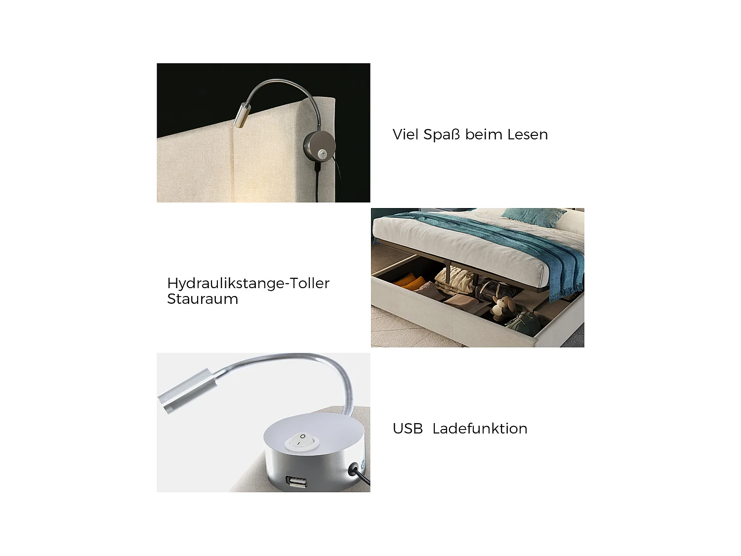 Lit rembourré 160x200 cm en PU beige avec tête de lit, sommier à lattes, rangement hydraulique et lampes de lecture avec ports de charge (sans matelas)