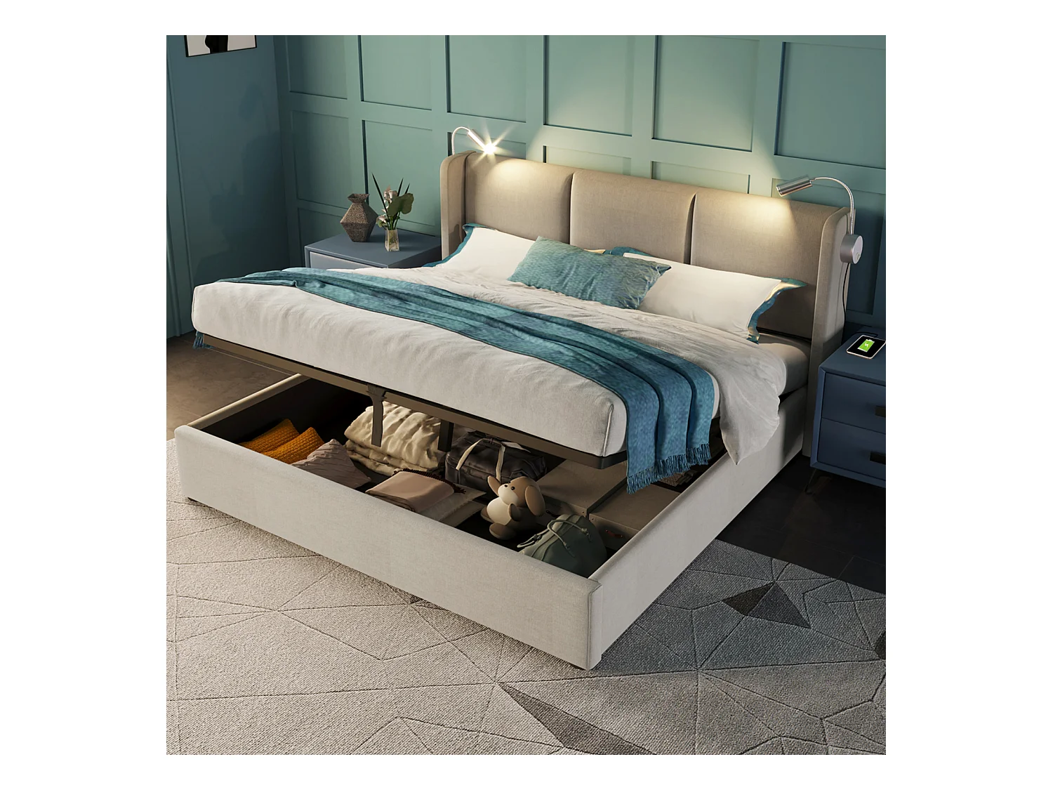 Lit rembourré 160x200 cm en PU beige avec tête de lit, sommier à lattes, rangement hydraulique et lampes de lecture avec ports de charge (sans matelas)
