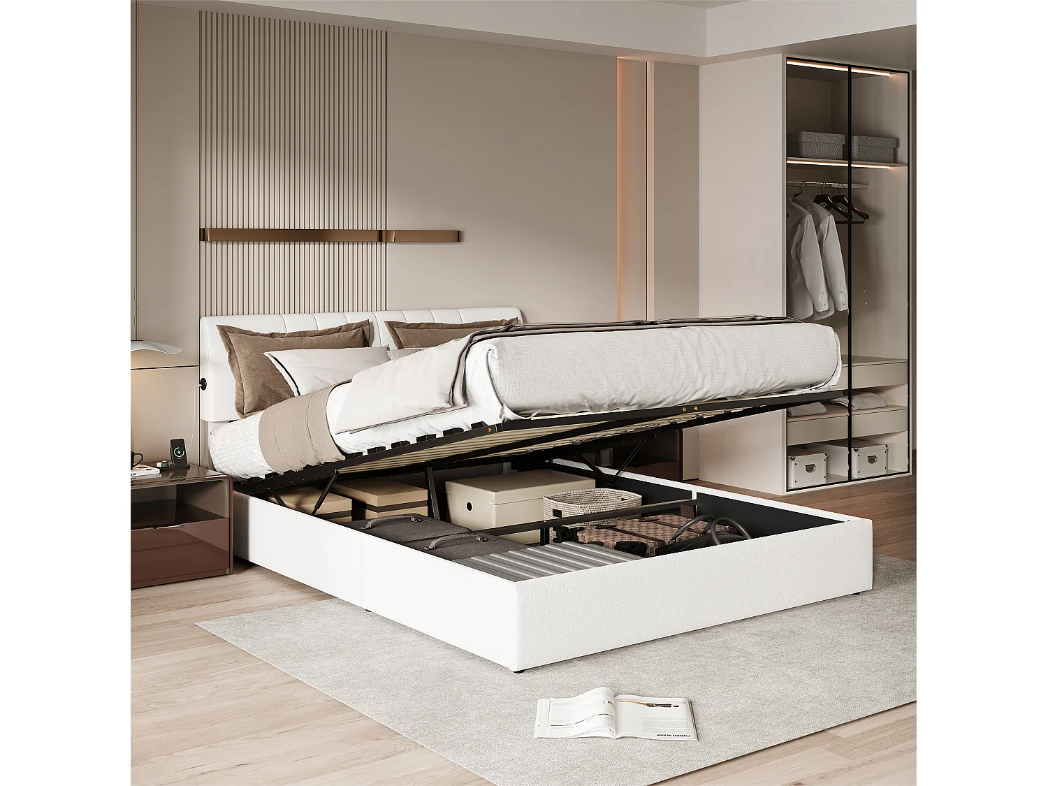 Tweepersoonsbed 160x200 cm in teddyfluweel crème met LED-verlichting, hydraulisch opbergvak en USB-aansluitingen, modern en comfortabel design