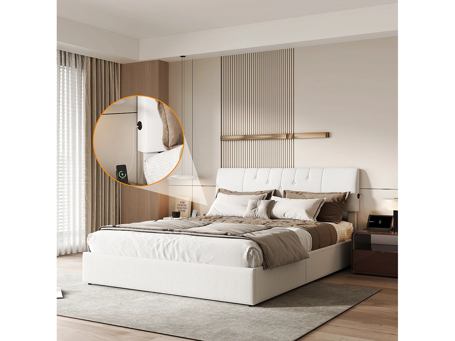 Tweepersoonsbed 160x200 cm in teddyfluweel crème met LED-verlichting, hydraulisch opbergvak en USB-aansluitingen, modern en comfortabel design