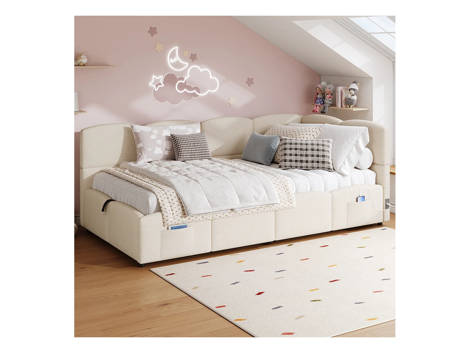 Lit coffre banquette enfant 90x200 cm avec port de charge USB et poche de rangement, Tissu bouclé beige (sans matelas)