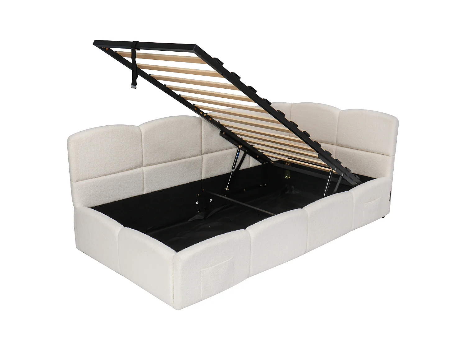 Lit coffre banquette enfant 90x200 cm avec port de charge USB et poche de rangement, Tissu bouclé beige (sans matelas)