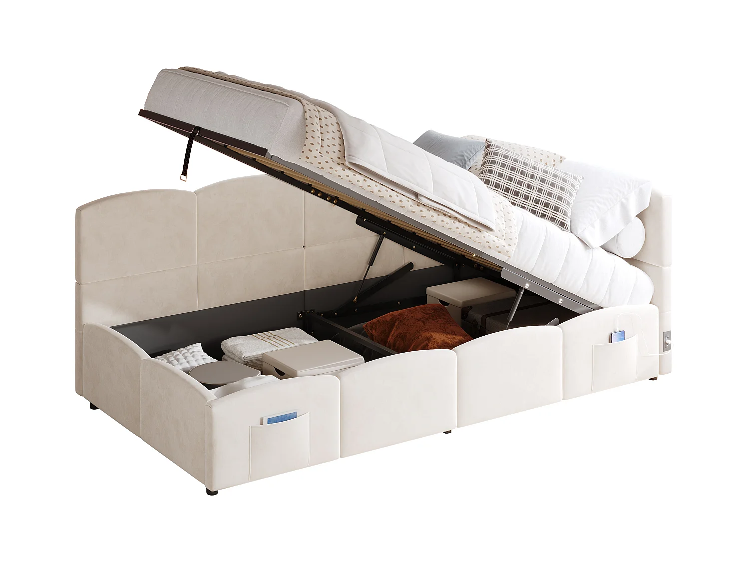 Lit coffre banquette enfant 90x200 cm avec port de charge USB et poche de rangement, Tissu bouclé beige (sans matelas)