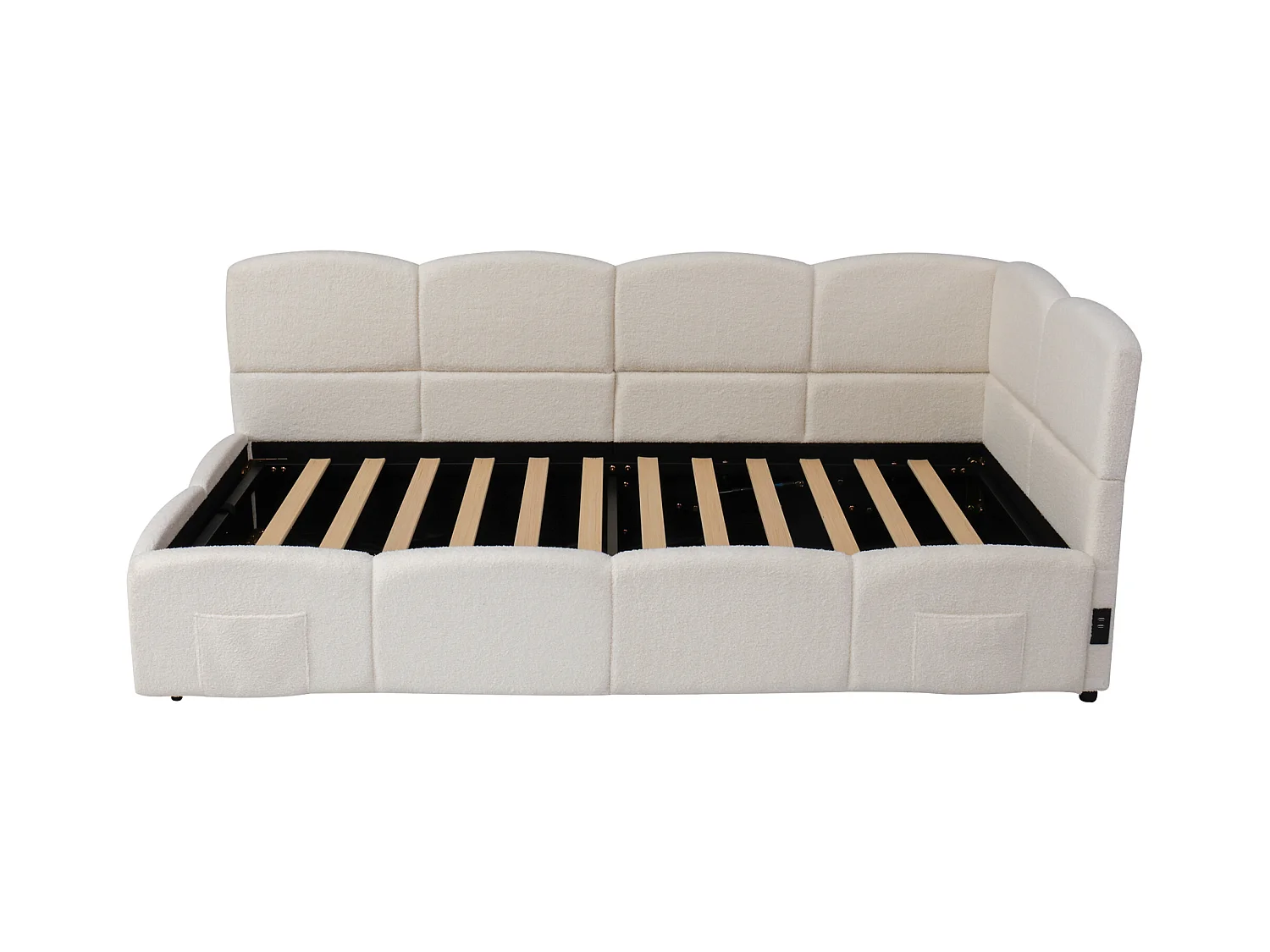 Lit coffre banquette enfant 90x200 cm avec port de charge USB et poche de rangement, Tissu bouclé beige (sans matelas)