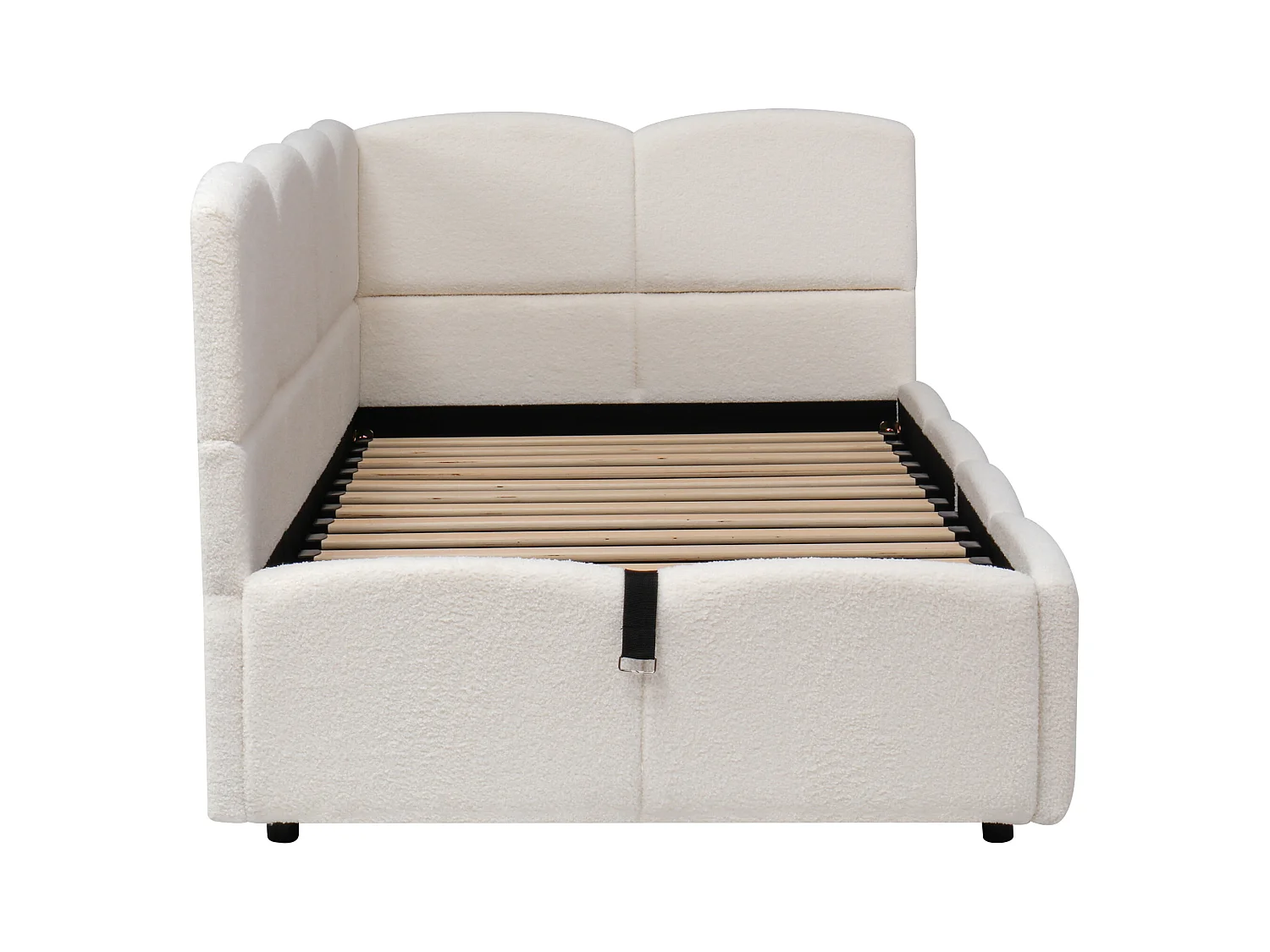 Lit coffre banquette enfant 90x200 cm avec port de charge USB et poche de rangement, Tissu bouclé beige (sans matelas)