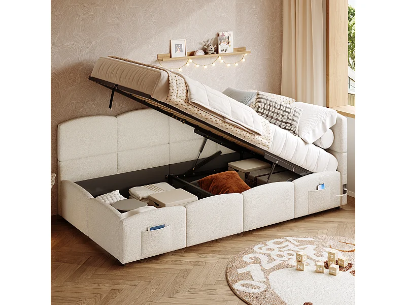 Lit coffre banquette enfant 90x200 cm avec port de charge USB et poche de rangement, Tissu bouclé beige (sans matelas)