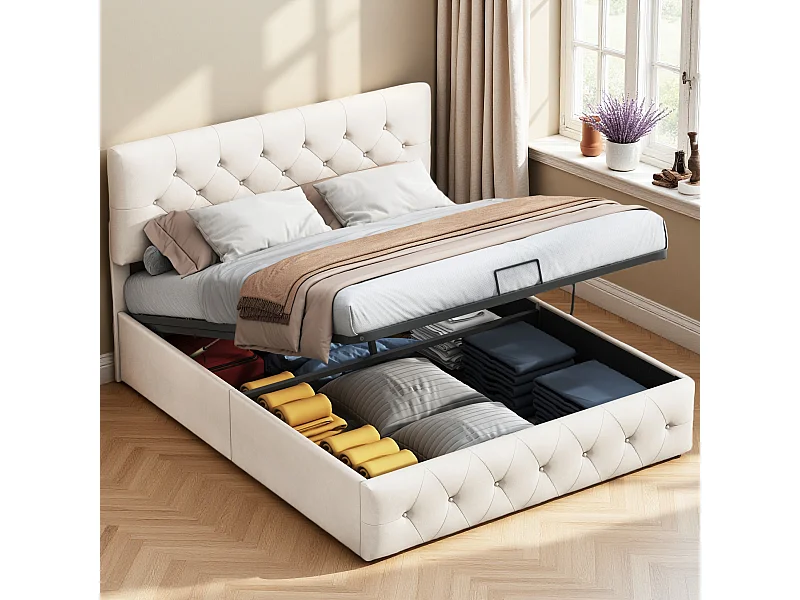 Tweepersoonsbed 160x200 cm in abrikoosbeige fluweel met opbergruimte, gestoffeerd hoofdbord en voeteneinde, comfortabel en elegant design