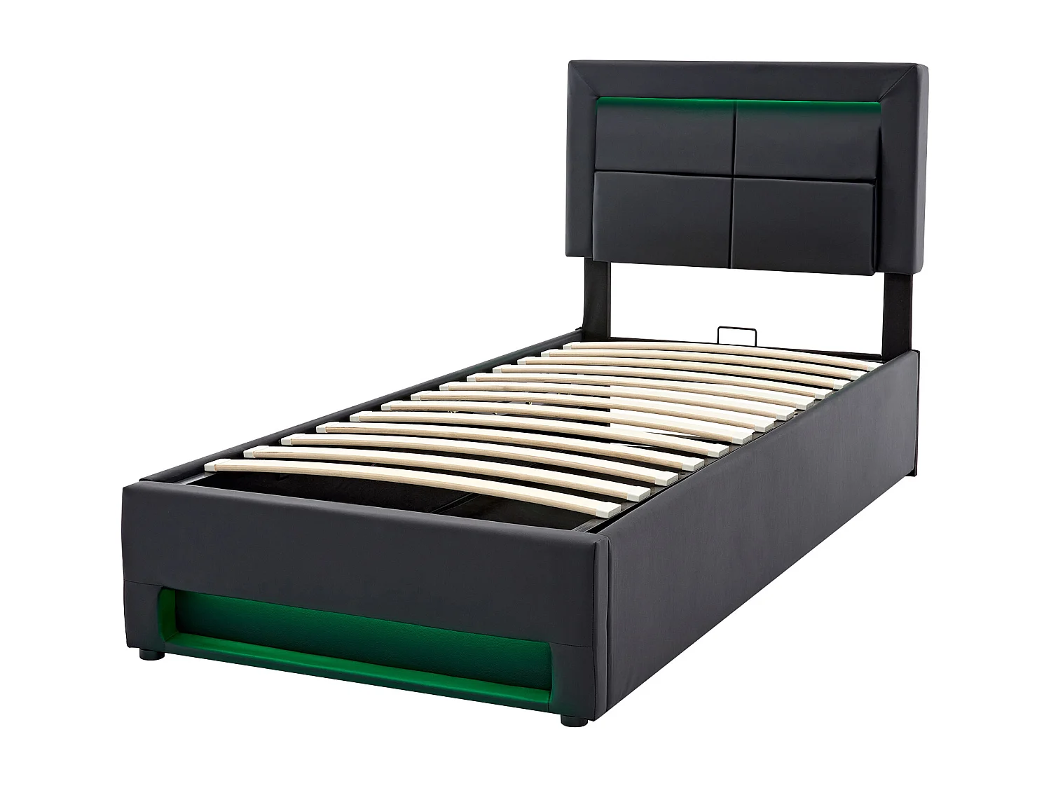 Lit coffre moderne 140x200 cm, port USB (charge sans fil et filaire), LED,  rangement, PU noir, sans matelas
