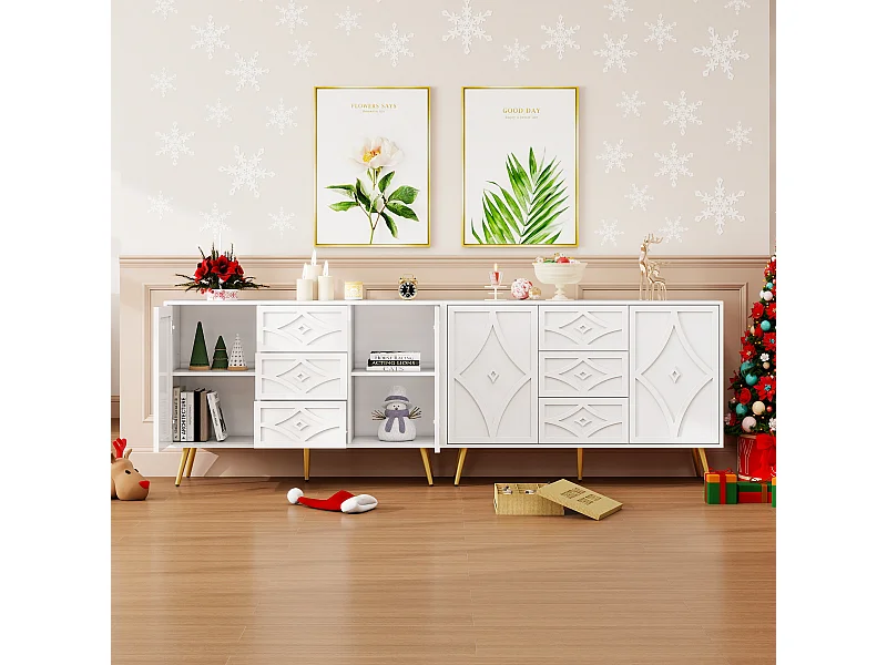 Elegante cassettiera con motivo a rombi - Credenza bianca con 3 cassetti, gambe dorate, 120×40×80 cm, design moderno per soggiorno, corridoio o camera da letto