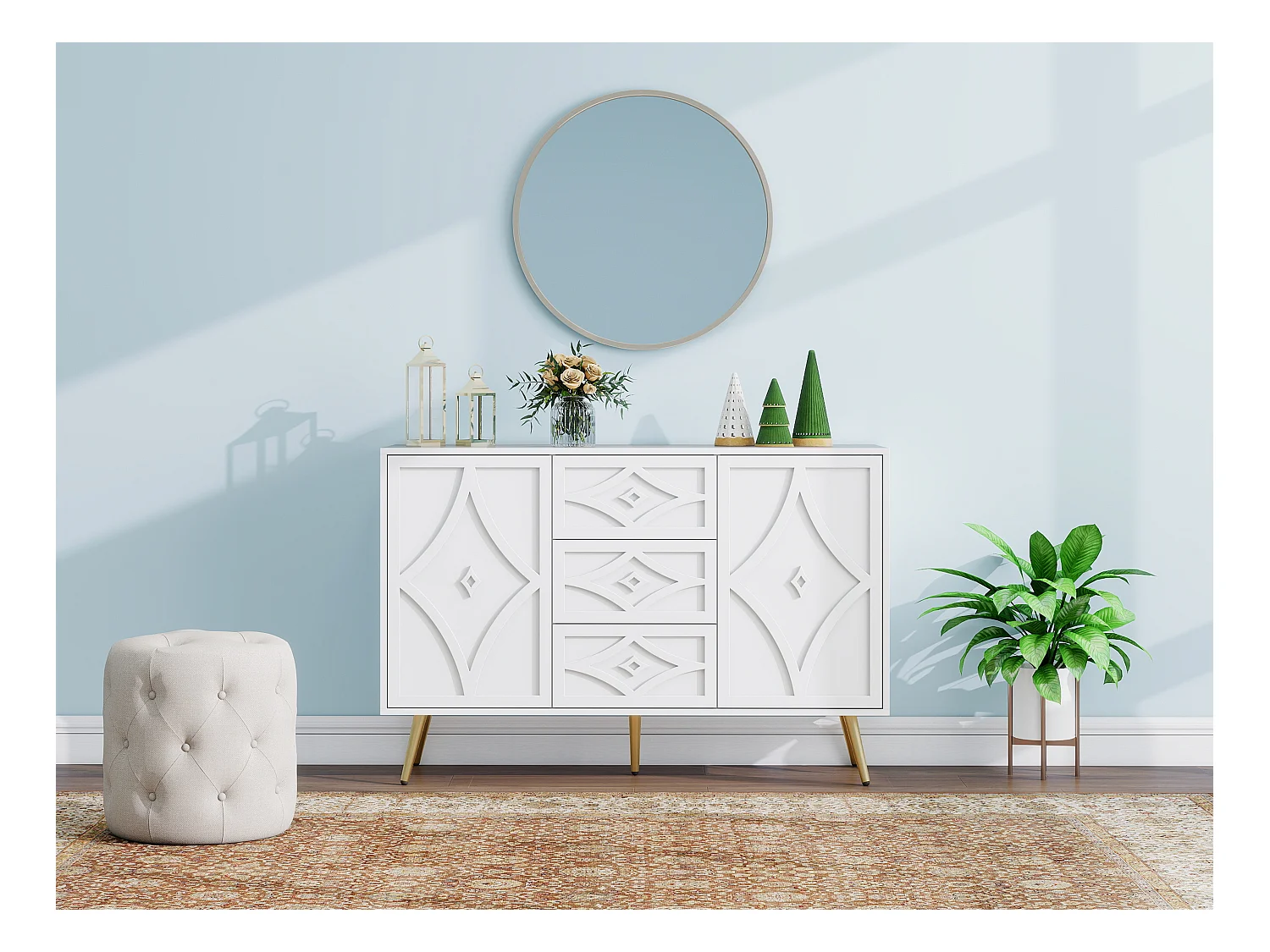 Elegante cassettiera con motivo a rombi - Credenza bianca con 3 cassetti, gambe dorate, 120×40×80 cm, design moderno per soggiorno, corridoio o camera da letto