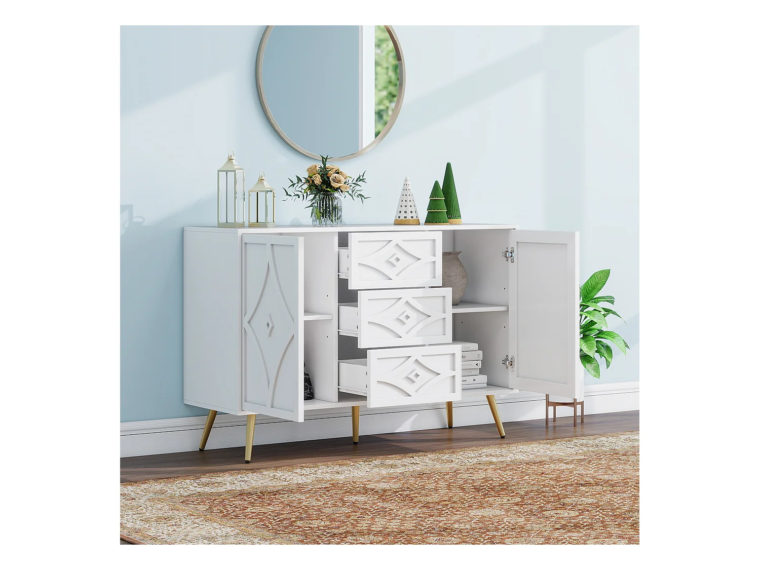 Elegante cassettiera con motivo a rombi - Credenza bianca con 3 cassetti, gambe dorate, 120×40×80 cm, design moderno per soggiorno, corridoio o camera da letto