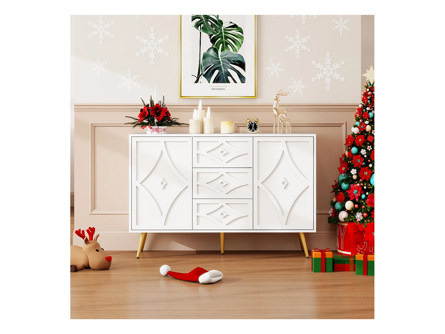 Elegante cassettiera con motivo a rombi - Credenza bianca con 3 cassetti, gambe dorate, 120×40×80 cm, design moderno per soggiorno, corridoio o camera da letto