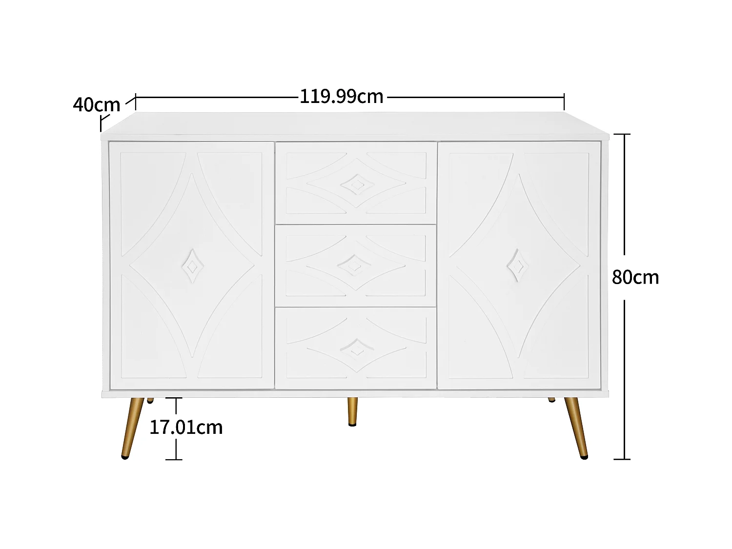 Elegante cassettiera con motivo a rombi - Credenza bianca con 3 cassetti, gambe dorate, 120×40×80 cm, design moderno per soggiorno, corridoio o camera da letto