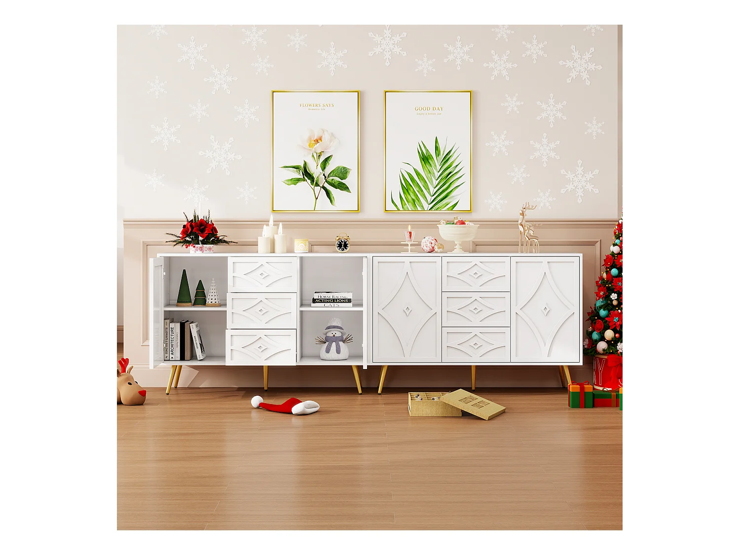 Elegante cómoda con diseño de rombos: aparador blanco con 3 cajones y patas doradas, 120 × 40 × 80 cm, diseño moderno para salón, recibidor o dormitorio.