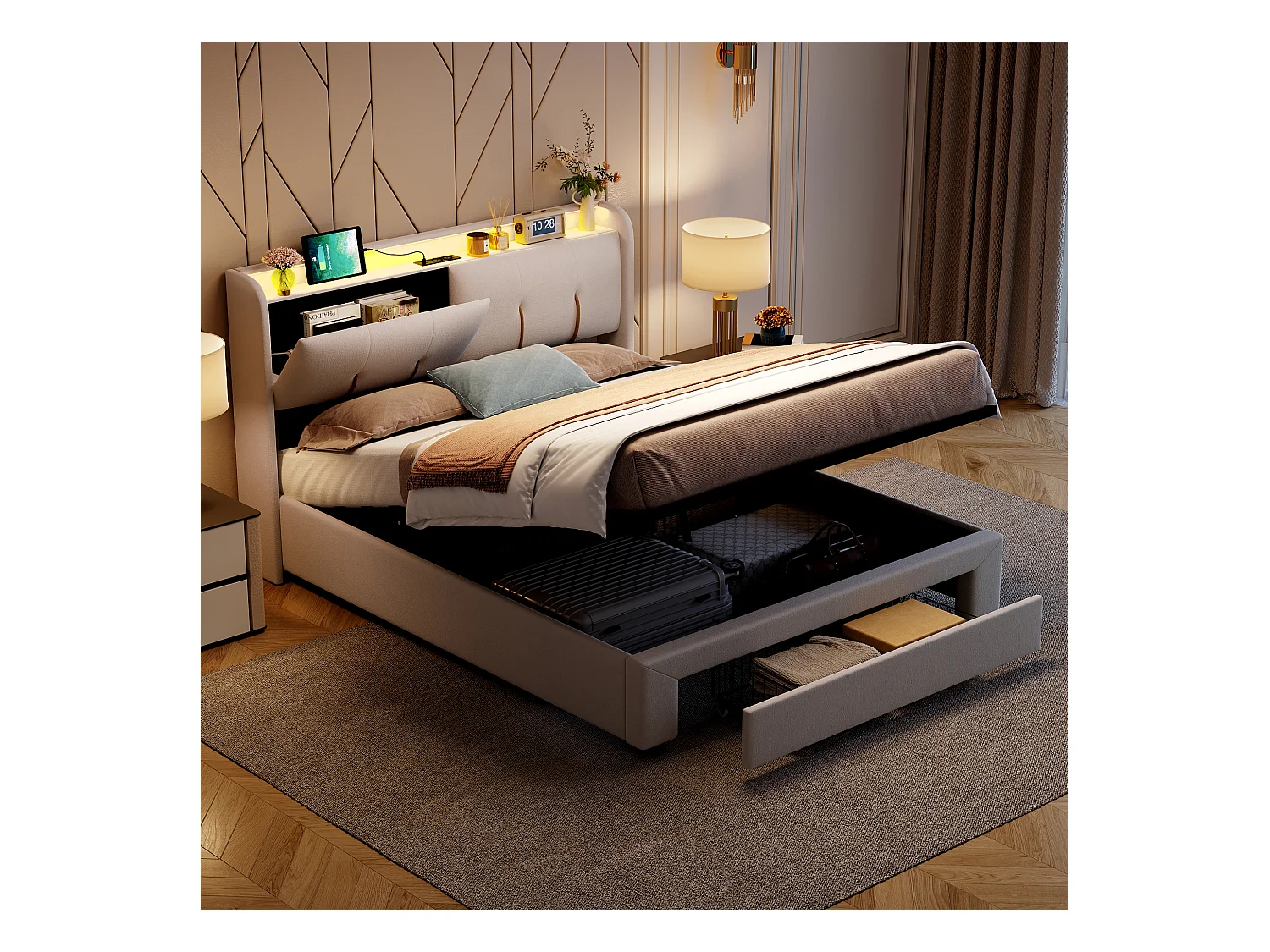 Lit double 160x200 cm avec coffre de rangement hydraulique, tête de lit en velours beige avec LED réglable, ports USB et prises EU intégrées
