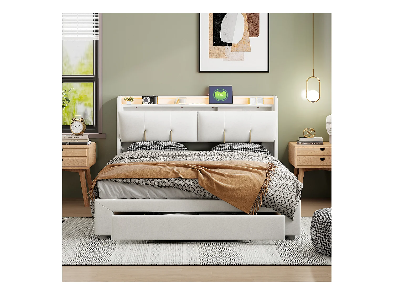 Lit double 160x200 cm avec coffre de rangement hydraulique, tête de lit en velours beige avec LED réglable, ports USB et prises EU intégrées