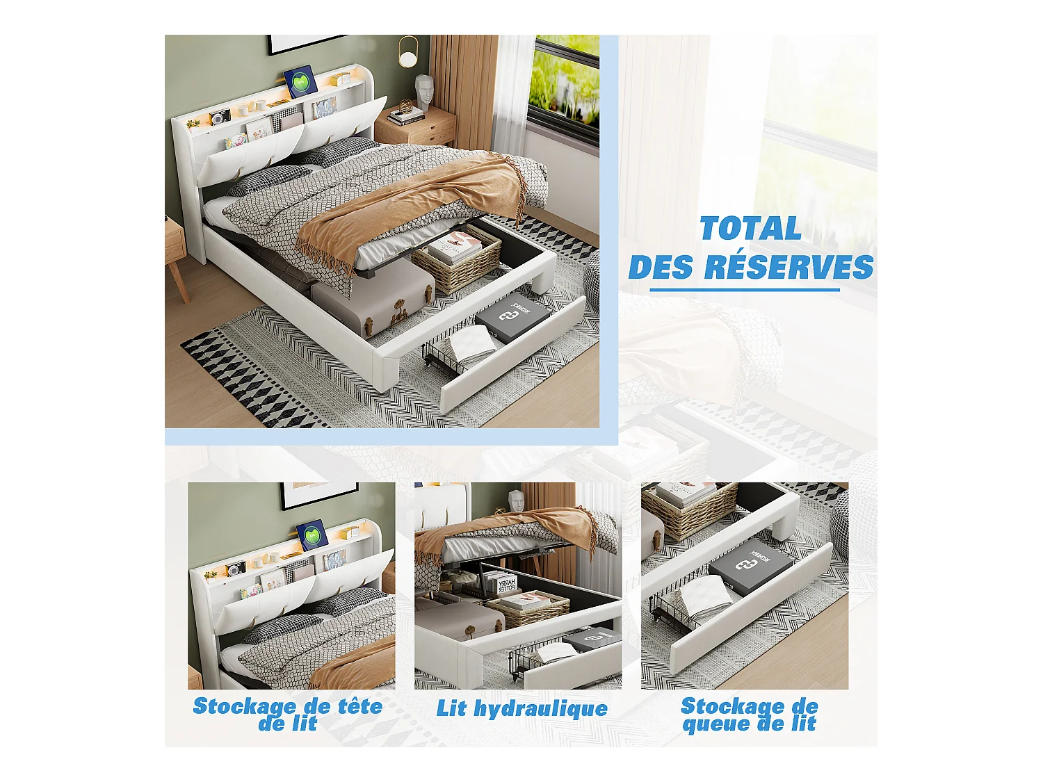 Lit double 160x200 cm avec coffre de rangement hydraulique, tête de lit en velours beige avec LED réglable, ports USB et prises EU intégrées