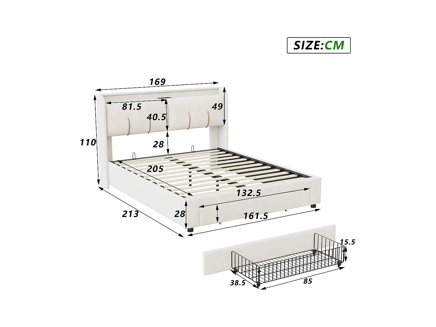 Lit double 160x200 cm avec coffre de rangement hydraulique, tête de lit en velours beige avec LED réglable, ports USB et prises EU intégrées