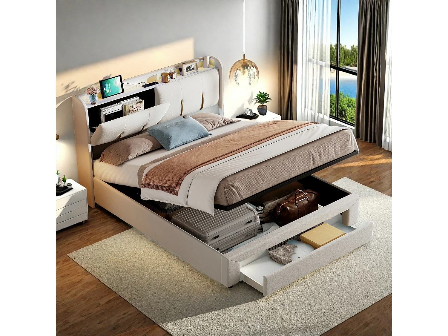 Tweepersoonsbed 160x200 cm met hydraulisch opbergvak, beige fluwelen hoofdbord, verstelbare LED, USB-aansluitingen en geïntegreerde EU-stopcontacten