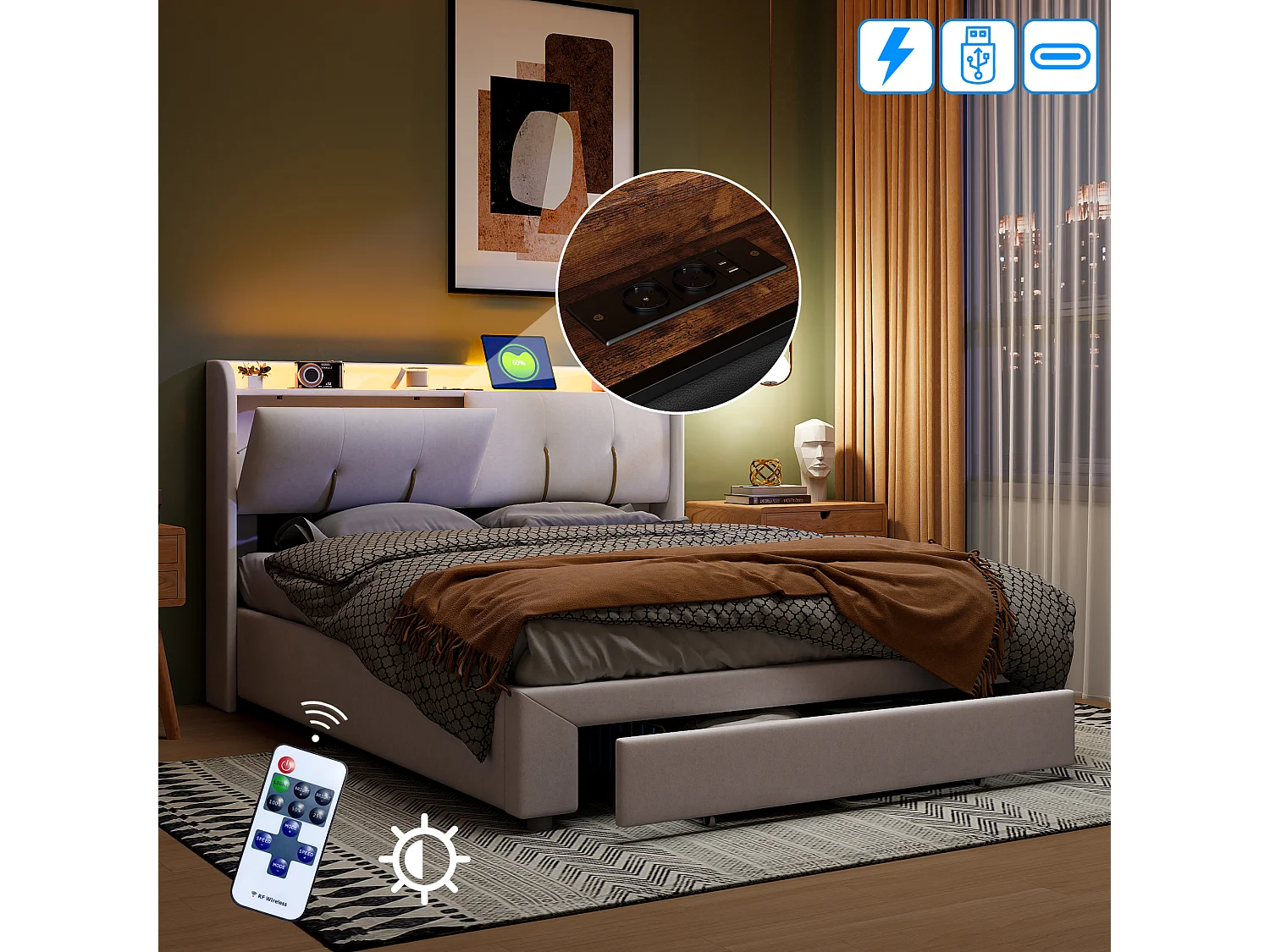 Tweepersoonsbed 160x200 cm met hydraulisch opbergvak, beige fluwelen hoofdbord, verstelbare LED, USB-aansluitingen en geïntegreerde EU-stopcontacten