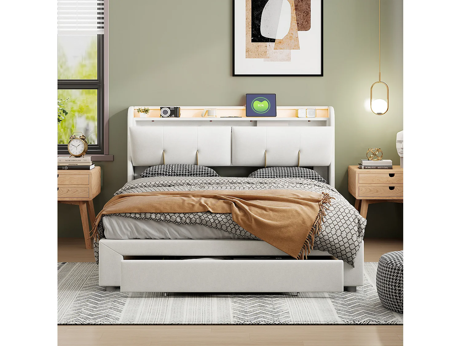 Tweepersoonsbed 160x200 cm met hydraulisch opbergvak, beige fluwelen hoofdbord, verstelbare LED, USB-aansluitingen en geïntegreerde EU-stopcontacten