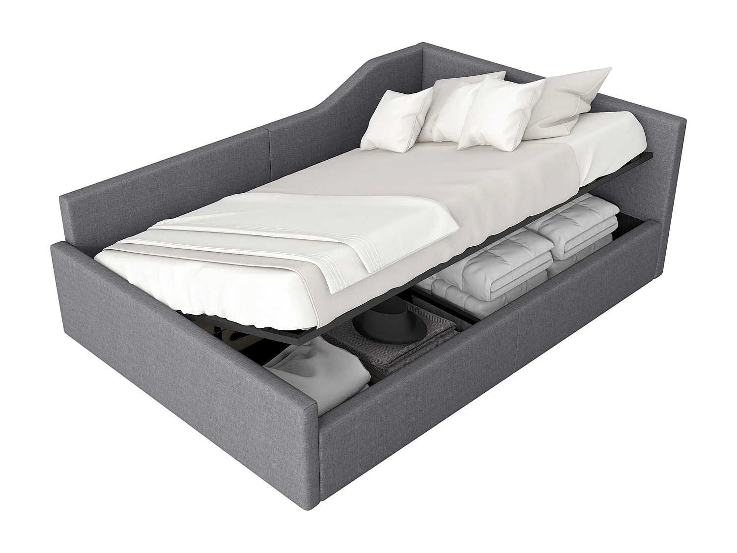 Lit coffre double140x200cm, rangement, tissu en fond, en MDF + contreplaqué + lin gris, sans matelas