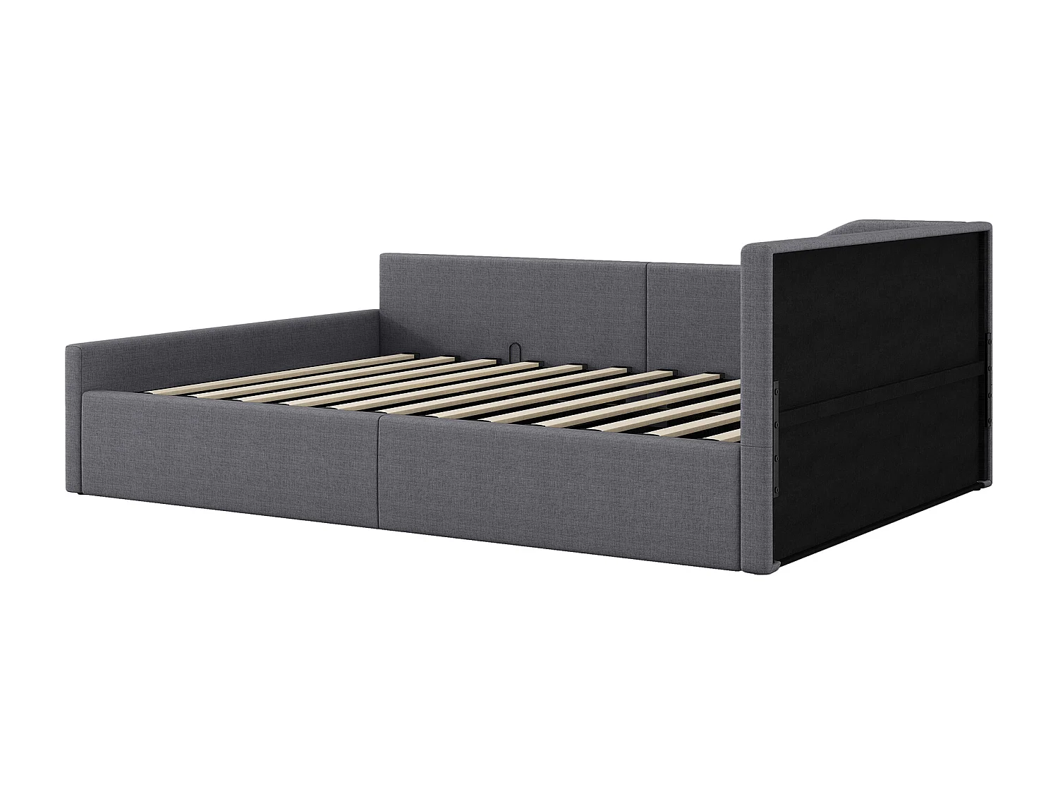 Lit coffre double140x200cm, rangement, tissu en fond, en MDF + contreplaqué + lin gris, sans matelas