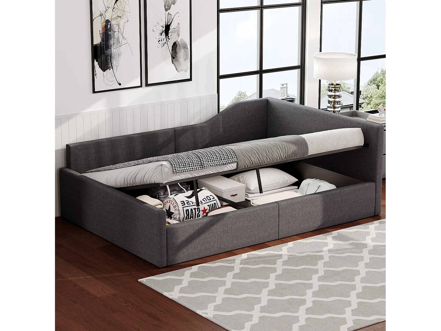 Bekleed Bed 140x200cm – Dagtbed met Opbergruimte Onder en Lattenbodem – Gestoffeerd Hoofdeinde, MDF/Multiplex Frame – Grijs – Zonder matras