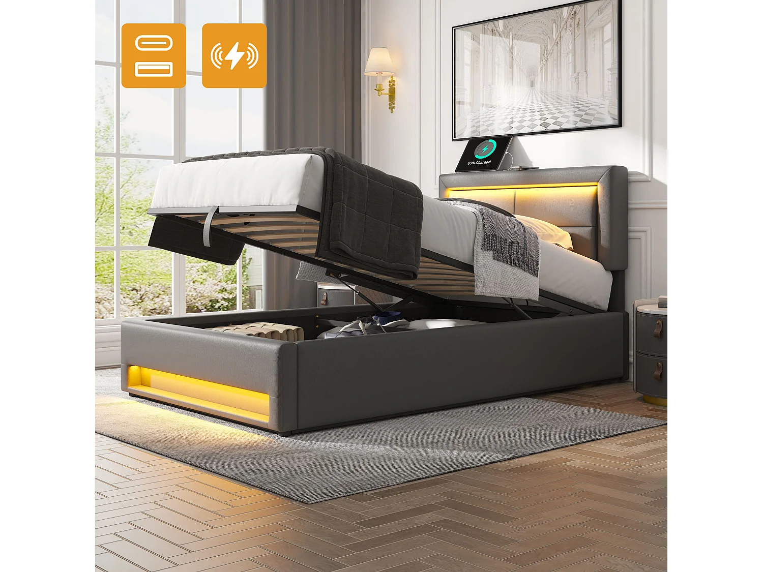Lit coffre moderne 90x200cm, port USB (charge sans fil et filaire), LED et rangement, PU gris, sans matelas